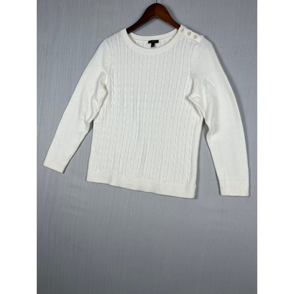 Talbots Sweater Womens LP White Cable Knit Button Shoulder Petite Preppy Classic